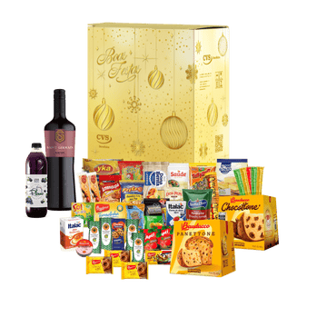 Cesta de Natal Esmeralda em caixa de papelão kraft decorada com 38 itens, incluindo panetones fruta e gotas de chocolate 400 gramas cada, vinho tinto, suco de uva e outro produtos Cesta de Natal Esmeralda em caixa de papelão kraft decorada com 38 itens, incluindo panetones fruta e gotas de chocolate 400 gramas cada, vinho tinto, suco de uva e outro produtos