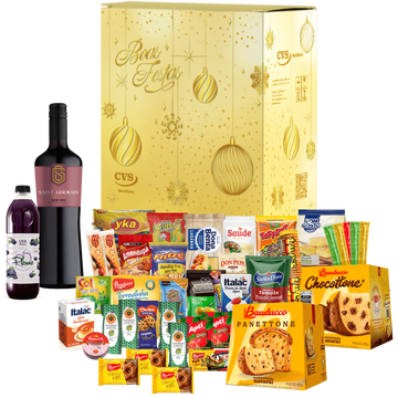 Cesta de Natal Esmeralda em caixa de papelão kraft decorada com 38 itens, incluindo panetones fruta e gotas de chocolate 400 gramas cada, vinho tinto, suco de uva e outro produtos Cesta de Natal Esmeralda em caixa de papelão kraft decorada com 38 itens, incluindo panetones fruta e gotas de chocolate 400 gramas cada, vinho tinto, suco de uva e outro produtos