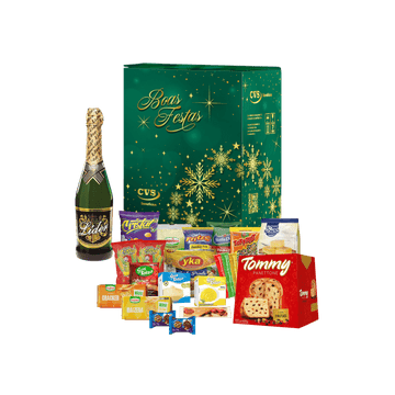 Cesta de Natal Cristal em caixa de papelão kraft decorada com 21 itens, incluindo panetone, goiabada e mais