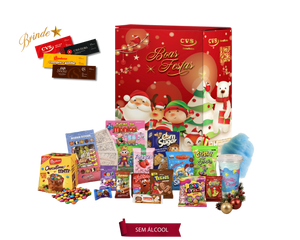 Cesta de Natal Kit Criança Feliz em caixa de papelão kraft com tema infantil, contendo mini chocotone M&M, suco de frutas, pipoca doce, balas sortidas, biscoitos recheados e pirulitos.