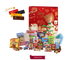 Cesta de Natal Kit Criança Feliz em caixa de papelão kraft com tema infantil, contendo mini chocotone M&M, suco de frutas, pipoca doce, balas sortidas, biscoitos recheados e pirulitos.