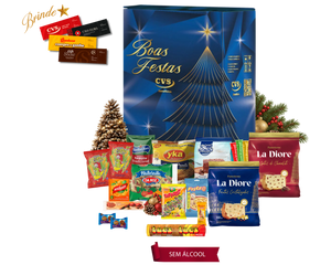 Cesta de Natal Hematita em caixa de papelão kraft decorada, com panetone, espumante, amendoim, balas, biscoitos, bombons, farofa, macarrão e molho de tomate.