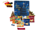 Cesta de Natal Hematita em caixa de papelão kraft decorada, com panetone, espumante, amendoim, balas, biscoitos, bombons, farofa, macarrão e molho de tomate.
