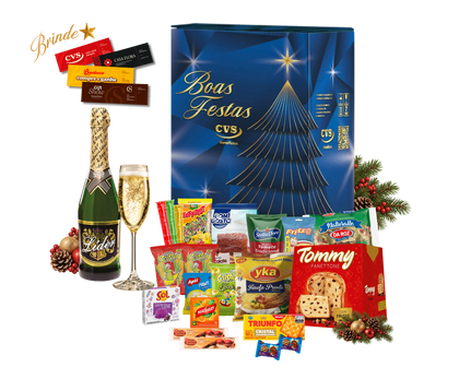 Cesta de Natal Cristal em caixa de papelão kraft decorada com 25 unidades, incluindo panetone, goiabada e outros produtos natalinos.