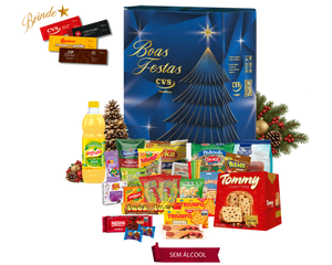 Cesta de Natal Ônix sem álcool em caixa de papelão kraft decorada com 31 unidades, incluindo panetone com frutas e concentrado para refresco de frutas.