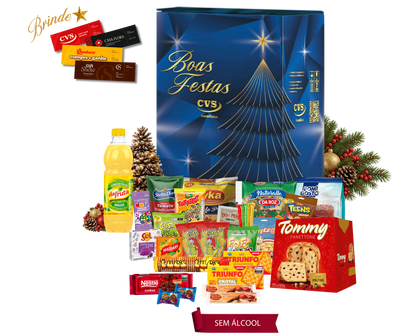 Cesta de Natal Ônix sem álcool em caixa de papelão kraft decorada com 31 unidades, incluindo panetone com frutas e concentrado para refresco de frutas.