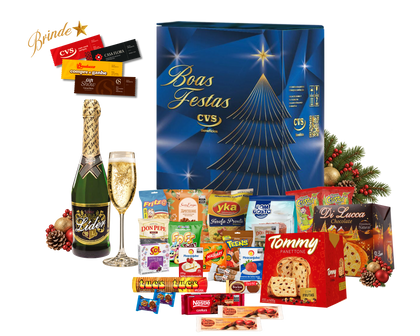 Cesta de Natal Ametista em caixa de papelão kraft decorada com 28 unidades, incluindo panetone com frutas 400g e panetone com gotas de chocolate 400g.
