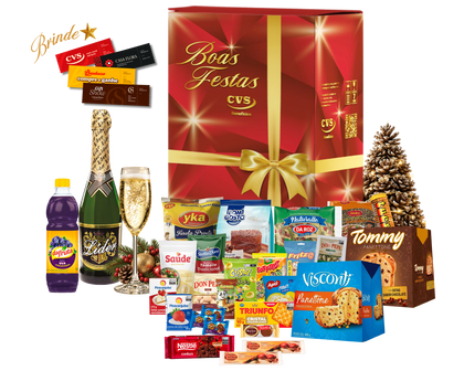 Cesta de Natal Água Marinha com panetone com gotas de chocolate, panetone tradicional, espumante branco e outros produtos natalinos.