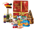 Cesta de Natal Água Marinha com panetone com gotas de chocolate, panetone tradicional, espumante branco e outros produtos natalinos.