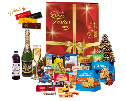 Cesta de Natal Opala com panetone com frutas, panetone com gotas de chocolate, espumante branco, refresco de frutas e outros produtos.
