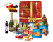 Cesta de Natal Opala com panetone com frutas, panetone com gotas de chocolate, espumante branco, refresco de frutas e outros produtos.