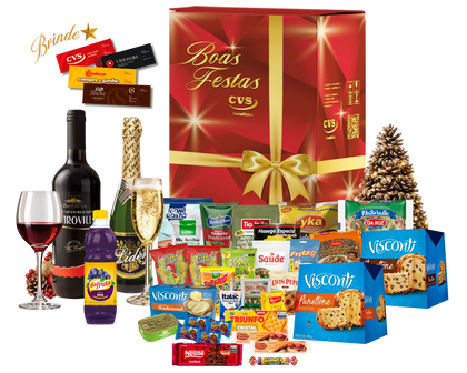Cesta de Natal Rubi em caixa de papelão kraft decorada, com panetone com frutas 400g, panetone com gotas de chocolate 400g e outros produtos saborosos.