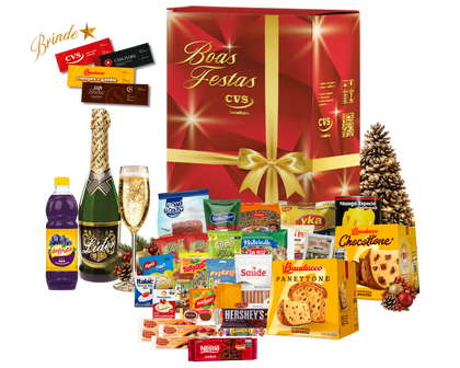 Cesta de Natal Ágata com 35 itens, incluindo espumante branco, suco para refresco, panetone Bauducco de frutas 400g e panetone Bauducco com gotas de chocolate 400g.