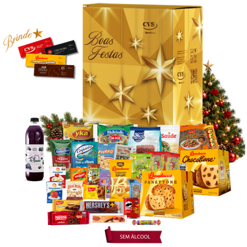 Cesta de Natal Turquesa com panetone Bauducco de frutas 400g, panetone Bauducco com gotas de chocolate 400g, lentilha e outros produtos deliciosos.
