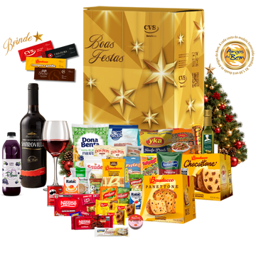 Cesta de Natal Esmeralda em caixa de papelão kraft decorada com 38 itens, incluindo panetone de frutas 400g, panetone com gotas de chocolate 400g, vinho tinto e suco de uva.