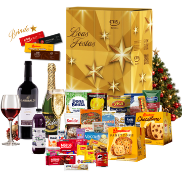 Cesta de Natal Topázio em caixa de papelão decorada, com suco de uva, panetone de frutas 400g, panetone com gotas de chocolate 400g e espumante branco.