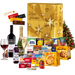 Cesta de Natal Topázio em caixa de papelão decorada, com suco de uva, panetone de frutas 400g, panetone com gotas de chocolate 400g e espumante branco.