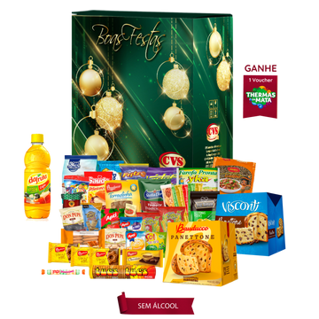 Cesta de Natal Turquesa com vários itens,
Incluindo 
Panetone frutas 400g Bauducco,
Panetone com gotas sabor chocolate  400g Bauducco
Espumante branco, 
Lentilha e outros produtos deliciosos 		
